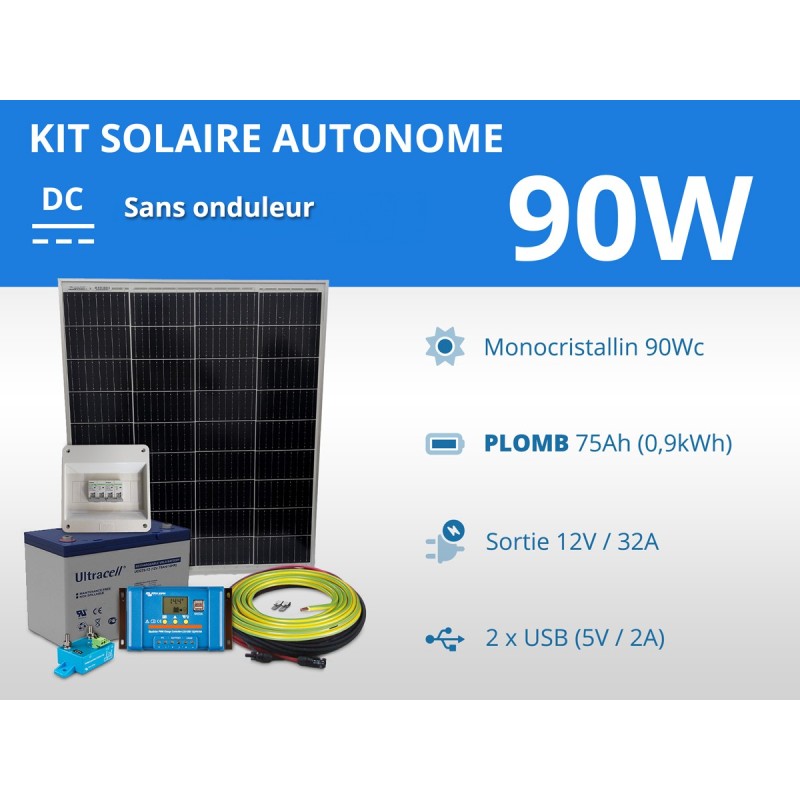 Kit solaire autonome 90W - Plomb Gel 75Ah | 12V / 0,9kWh