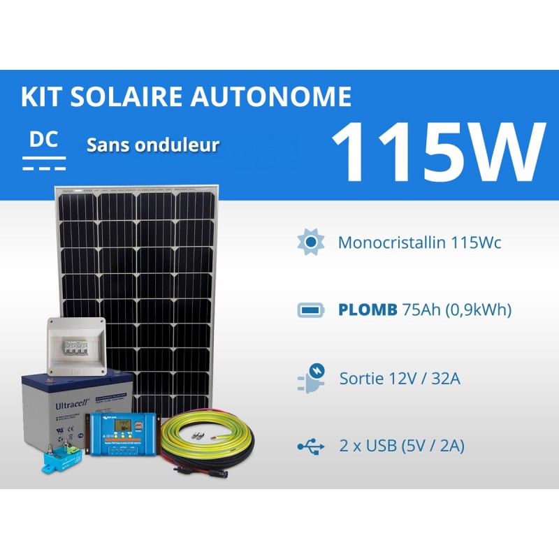 Kit solaire autonome 115W - Plomb Gel 75Ah | 12V / 0,9kWh