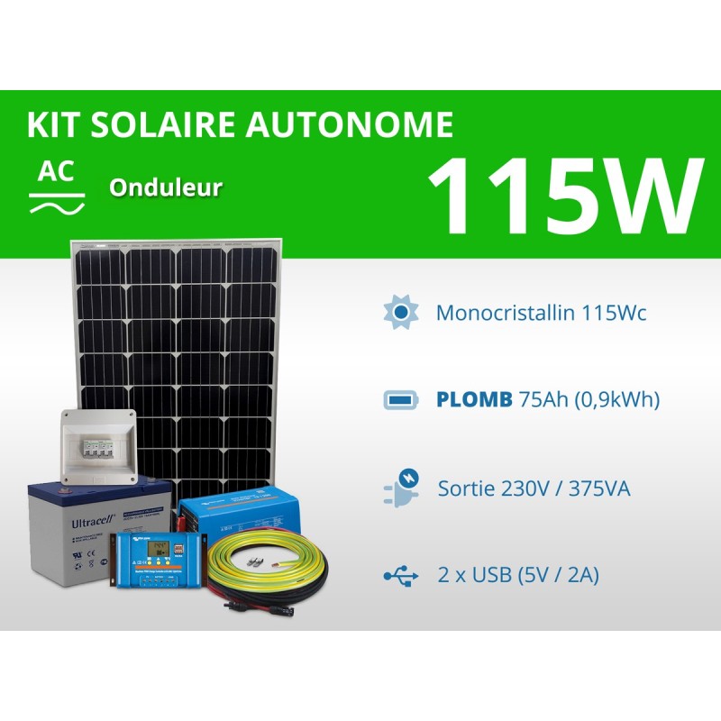 Kit solaire autonome 115W - Plomb Gel 75Ah - Onduleur 375VA | 230V / 0,9kWh