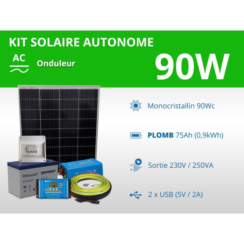 Kit solaire autonome 90W - Plomb Gel 75Ah - Onduleur 250VA | 230V / 0,9kWh