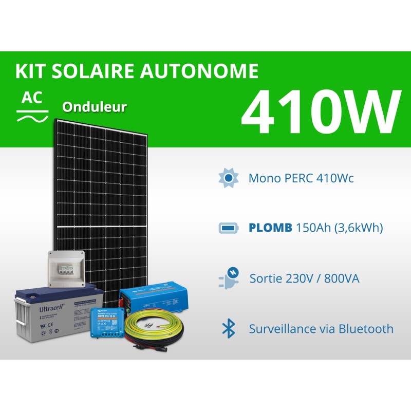 Kit solaire autonome 410W - Plomb Gel 150Ah - Onduleur 800VA | 230V / 3,6kWh