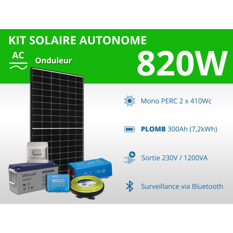 Kit solaire autonome 820W - Plomb Gel 300Ah - Onduleur 1200VA | 230V / 7,2kWh