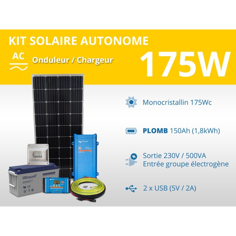 Kit solaire autonome 175W - Plomb Gel 150Ah - Multiplus 500VA | 230V / 1,8kWh