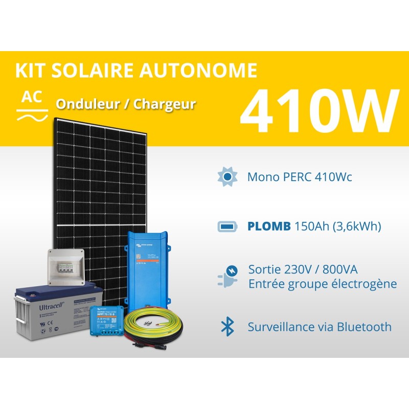 Kit solaire autonome 410W - Plomb Gel 150Ah - Multiplus 800VA | 230V / 3,6kWh