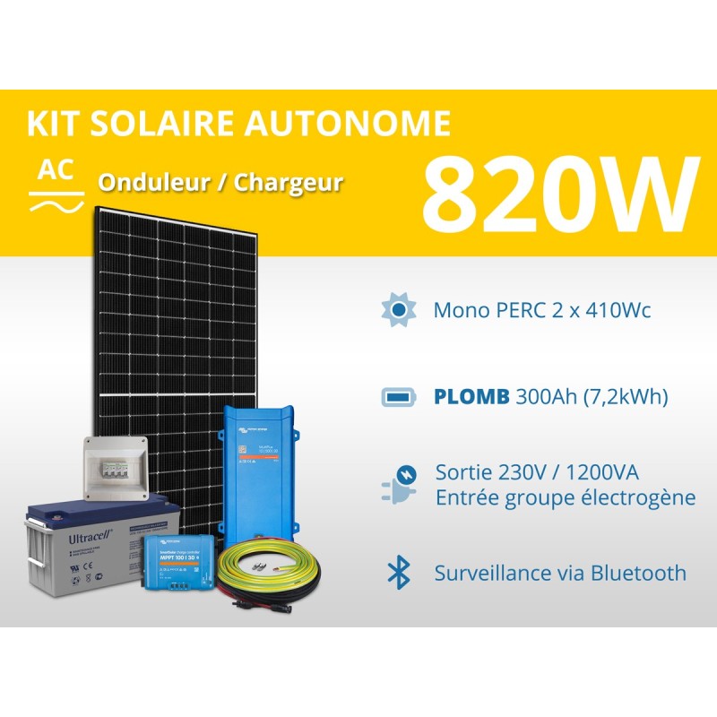 Kit solaire autonome 820W - Plomb Gel 300Ah - Multiplus 1200VA | 230V / 7,2kWh